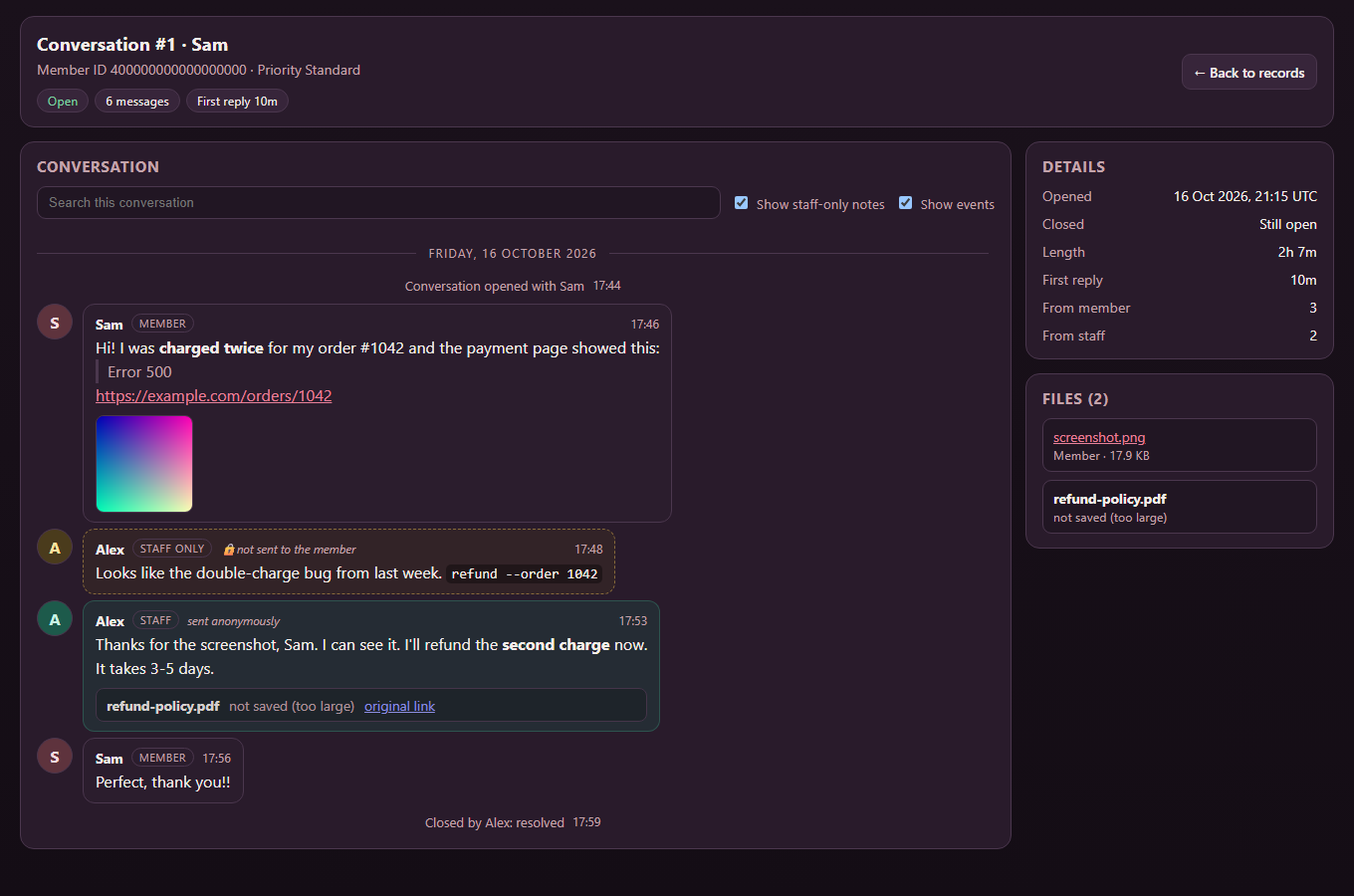The modmail viewer: a conversation with formatting, a picture, a staff-only note and an anonymous reply